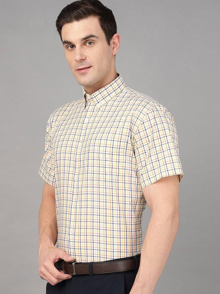 Hancock Men Cream & Yellow Checks Pure Cotton Slim Fit Formal Shirt