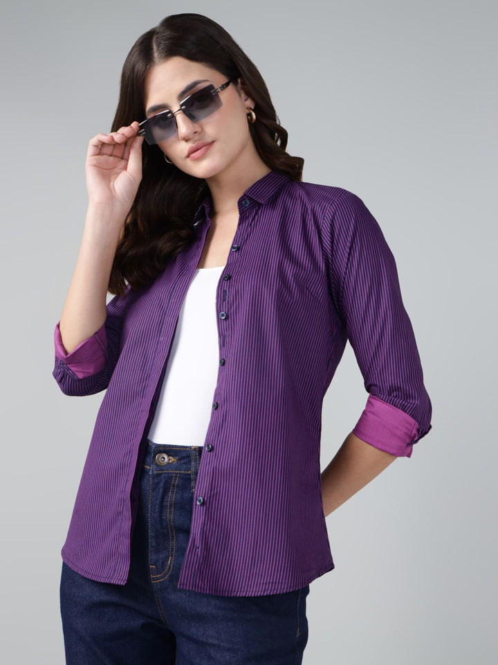 Hancock Women Navy Blue Stripe Pure Cotton Slim Fit Casual Shirt