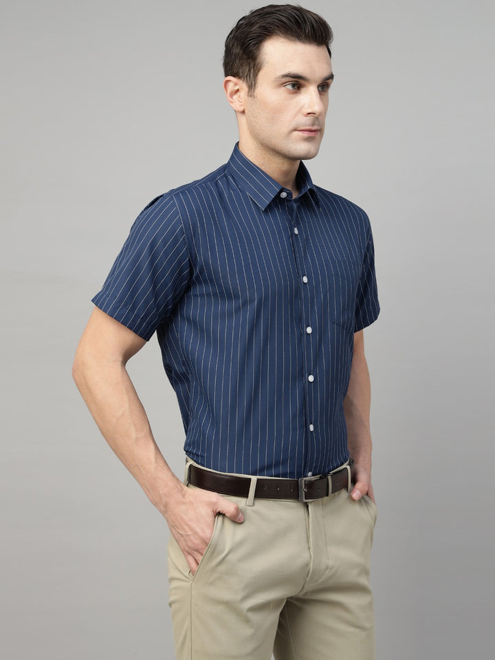 Men Navy Blue Stripe Cotton Slim Fit Formal Shirt