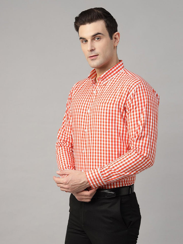 Hancock Men Orange Check Pure Cotton Slim Fit Formal Shirt