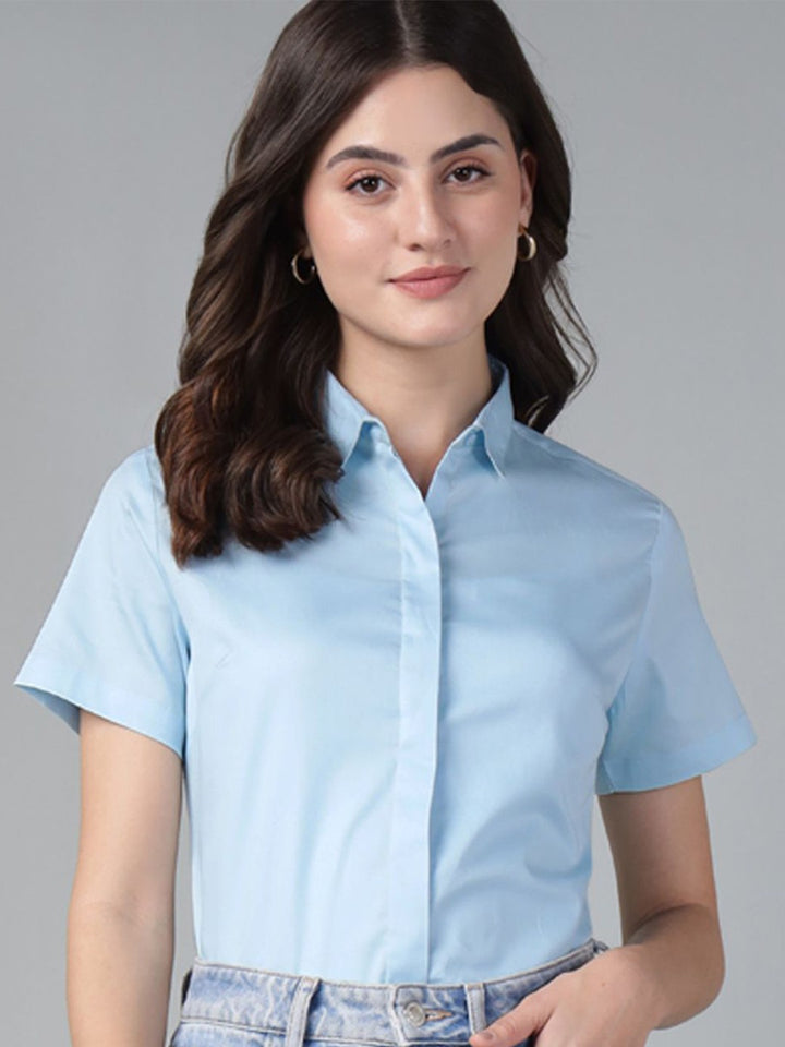 Hancock Women Sky Blue Solid Pure Cotton Short Sleeve Slim Fit Formal Shirt