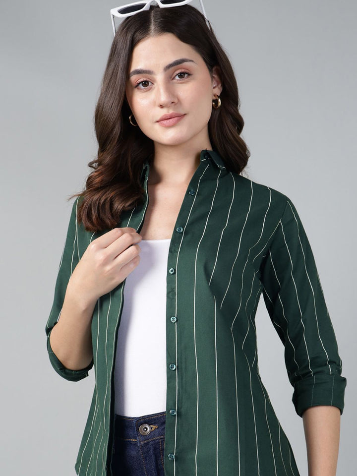 Hancock Women Bottle Green Stripe Pure Cotton Slim Fit Casual Shirt