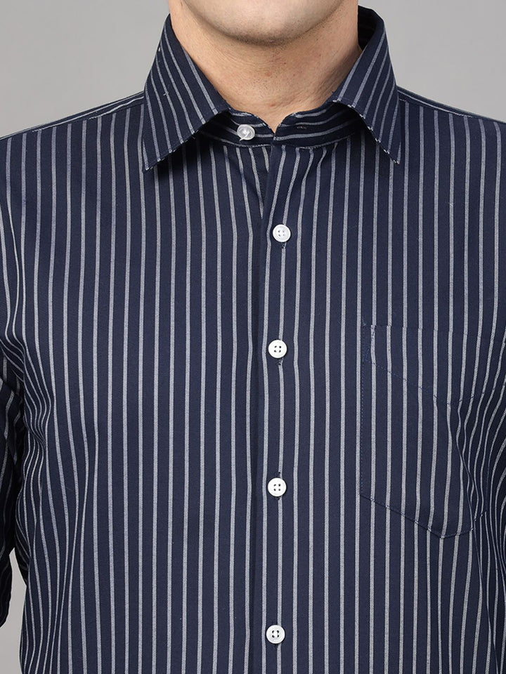 Hancock Men Navy Blue Stripe Pure Cotton Slim Fit Formal Shirt