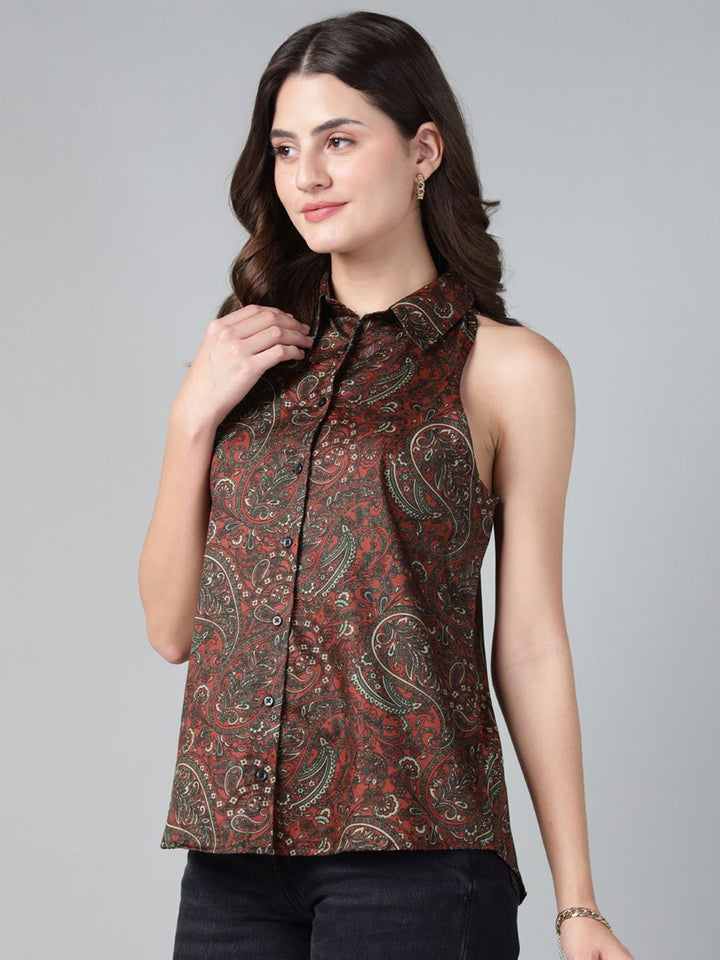 Hancock Women Maroon Print Pure Cotton Sleeveless Regular Fit Casual Shirt