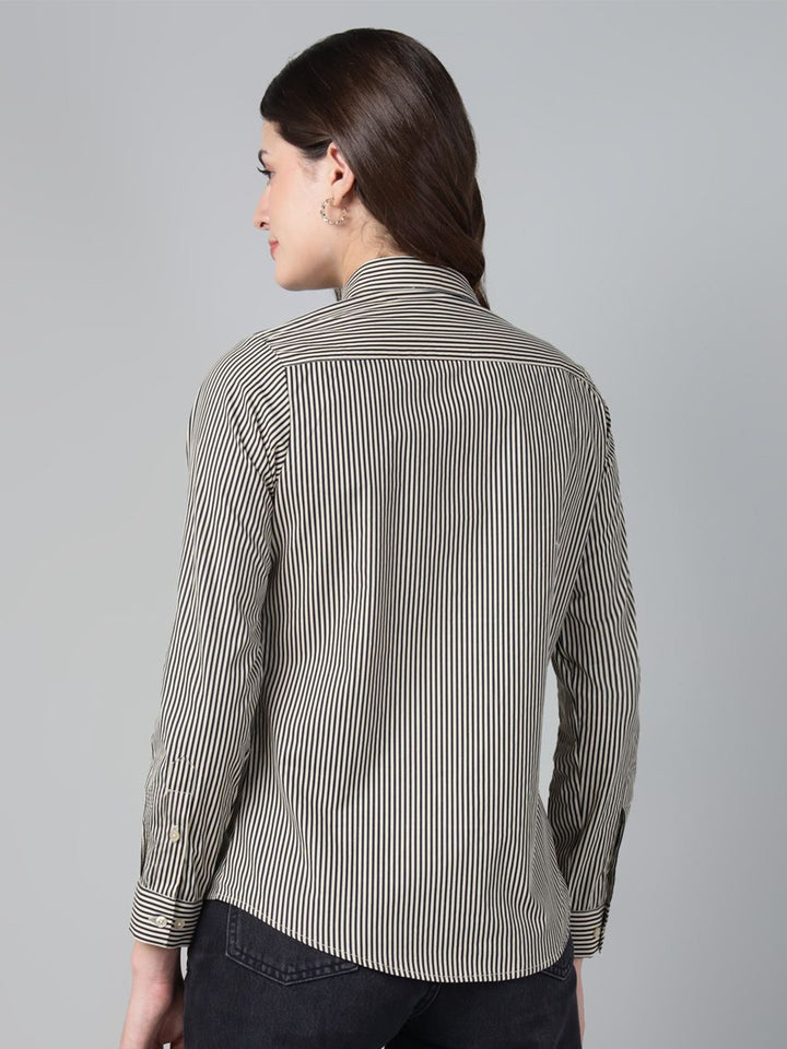 Hancock Women Black & Brown Stripe Pure Cotton Slim Fit Casual Shirt