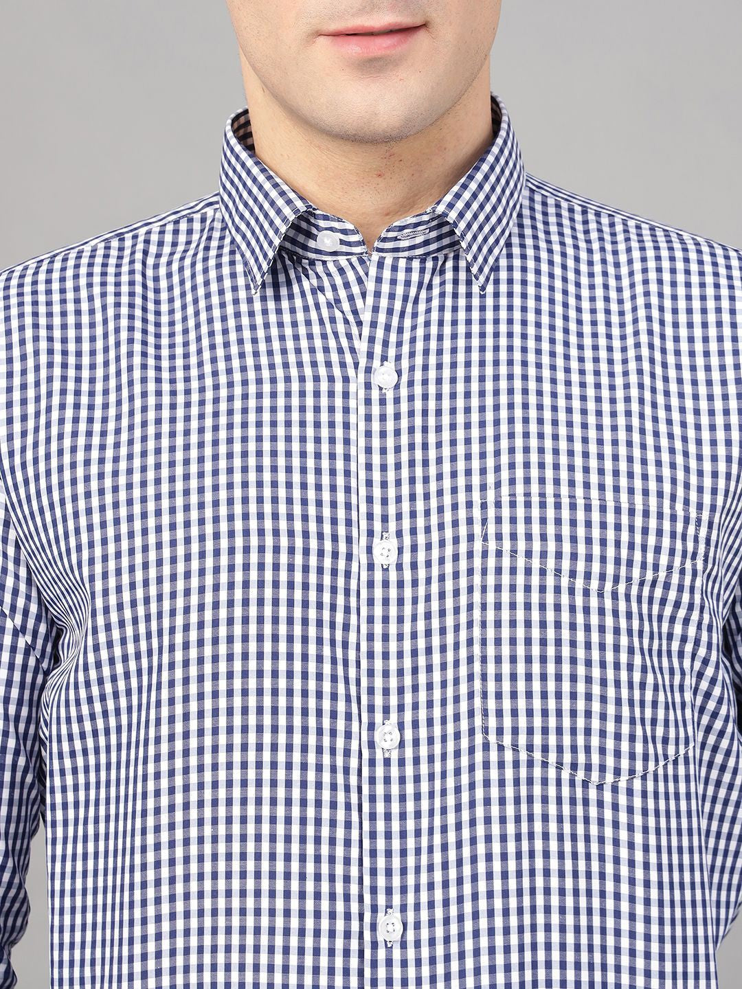 Hancock Men Navy Blue Check Pure Cotton Slim Fit Formal Shirt