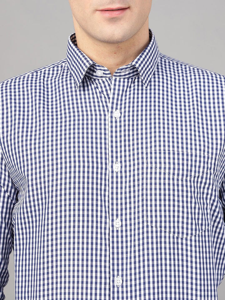 Hancock Men Navy Blue Check Pure Cotton Slim Fit Formal Shirt