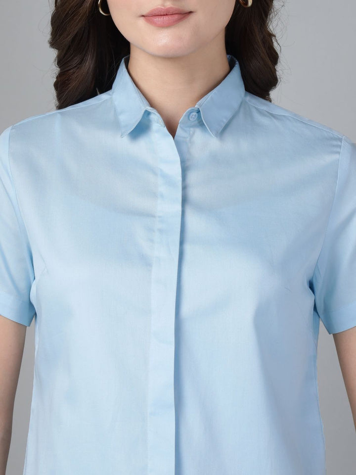 Hancock Women Sky Blue Solid Pure Cotton Short Sleeve Slim Fit Casual Shirt