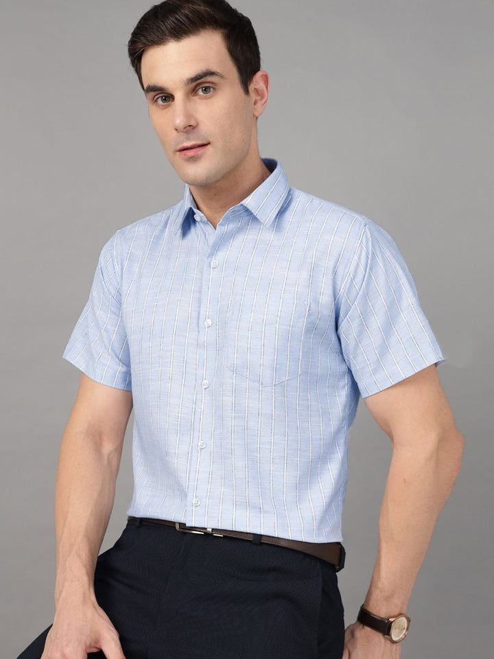 Sky Blue vertical striped wrinkle ressistant opaque Formal shirt ,has a spread collar, patch pocket, button placket, short regular sleeves, curved hem