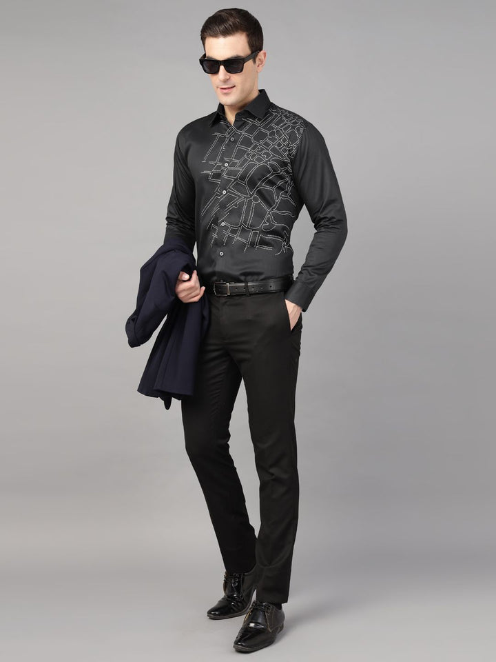 Hancock Men Black Print Wrinkle Free Pure Cotton Satin Slim Fit Party Shirt