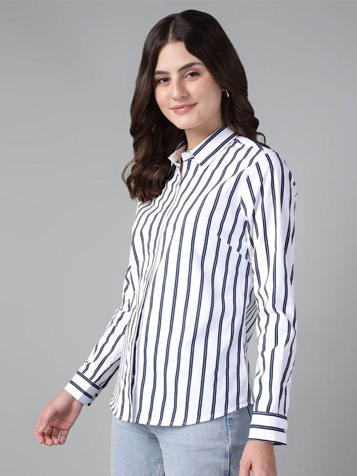 Hancock Women White & Navy Stripe Pure Cotton Regular Fit Casual Shirt