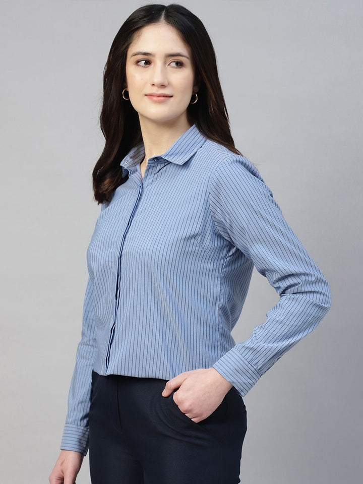 Hancock Women Blue Stripe Cotton Elastene Regular Fit Formal Shirt
