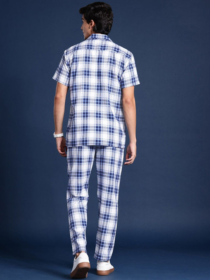 Hancock Men White & Blue Check Pure Cotton Relaxed Fit Night Wear Night Suit