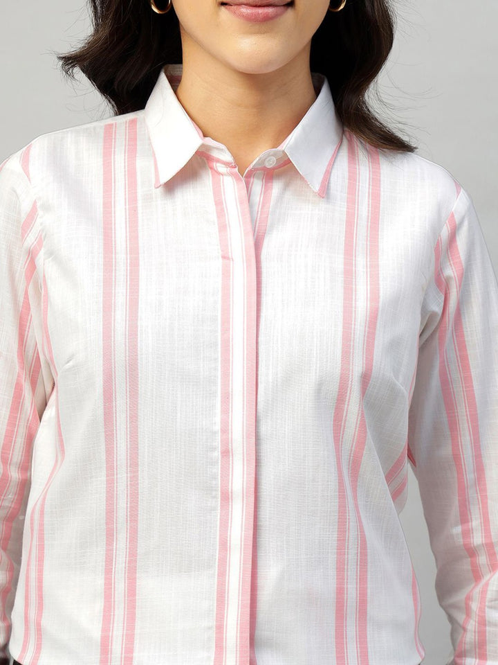 Hancock Women White & Pink Striped Pure Cotton Regular Fit Formal Shirt