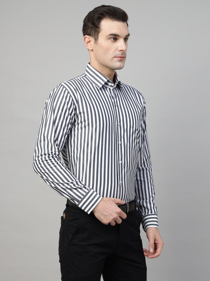 Men White & Grey Stripe Cotton Slim Fit Formal Shirt