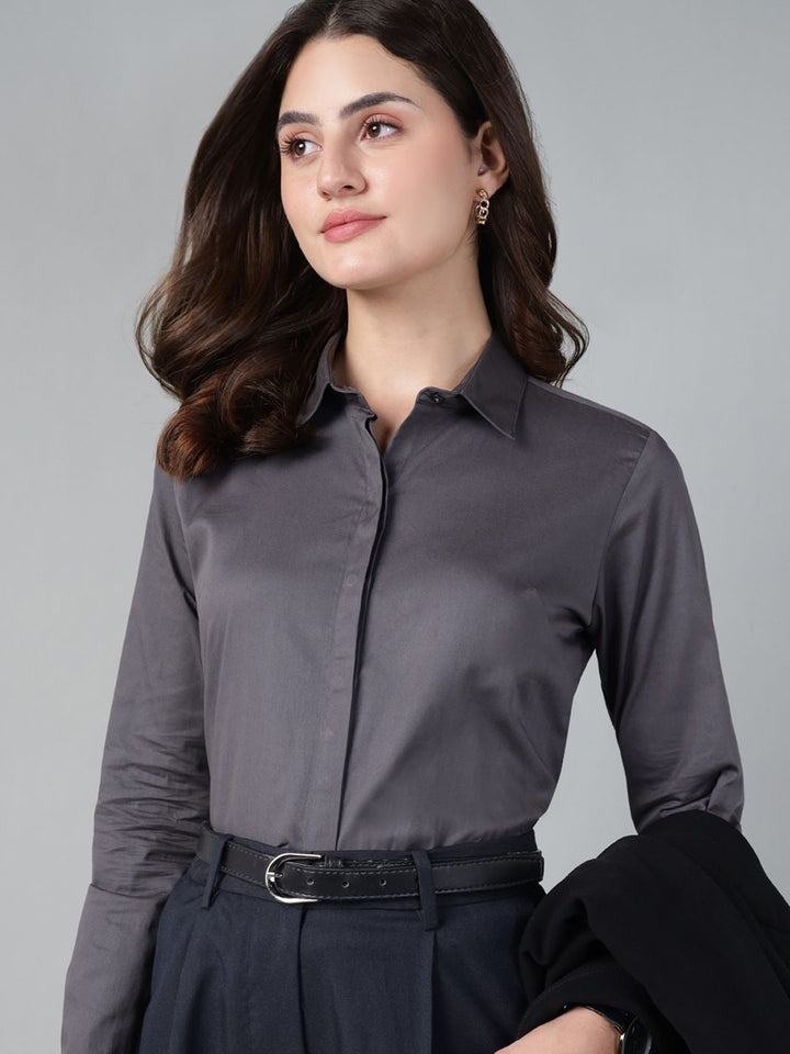 Hancock Women Dark Grey Solid Pure Cotton Regular Fit Formal Shirt