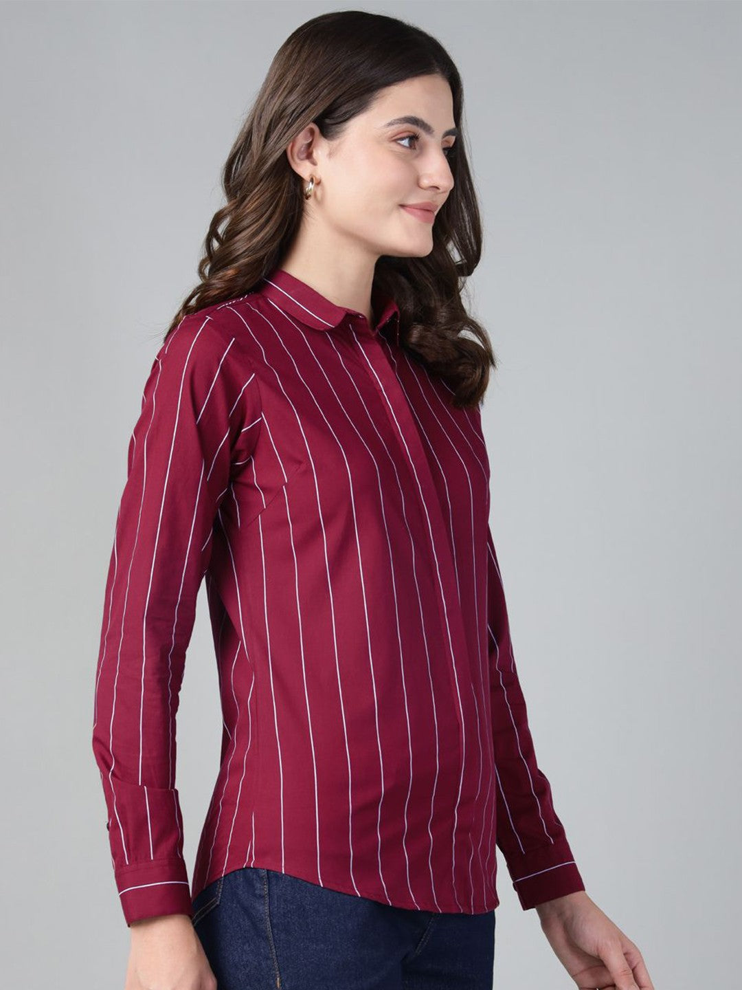 Hancock Women Maroon Stripe Pure Cotton Slim Fit Casual Shirt