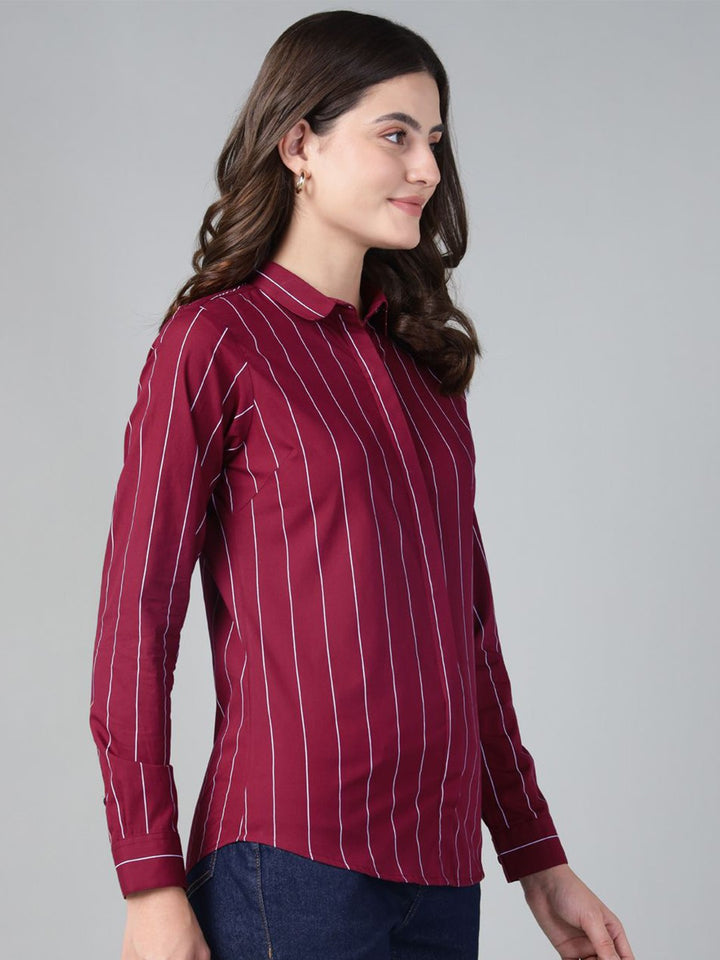 Hancock Women Maroon Stripe Pure Cotton Slim Fit Casual Shirt