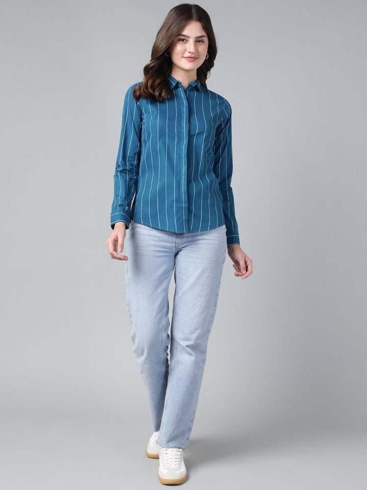Hancock Women Turquoise Blue Stripe Pure Cotton Slim Fit Casual Shirt