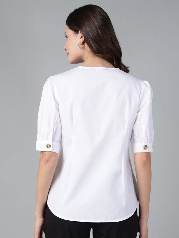 Hancock Women White Solid Pure Cotton V-Neck Pleated Regular Fit Formal Shirt