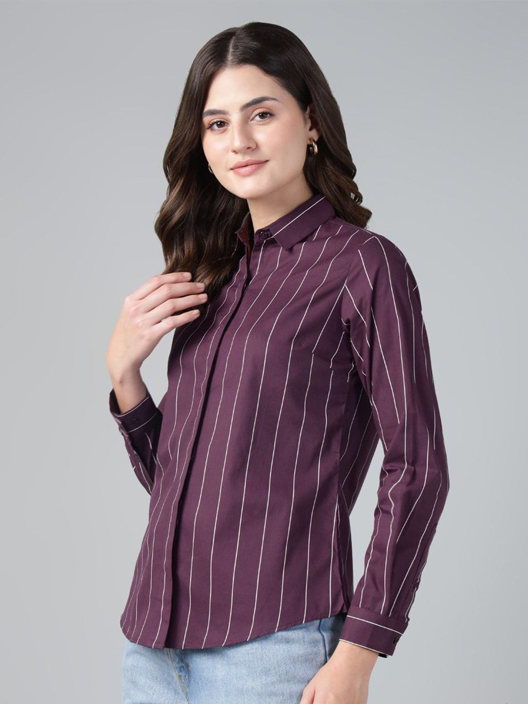 Hancock Women Wine Stripe Pure Cotton Slim Fit Casual Shirt