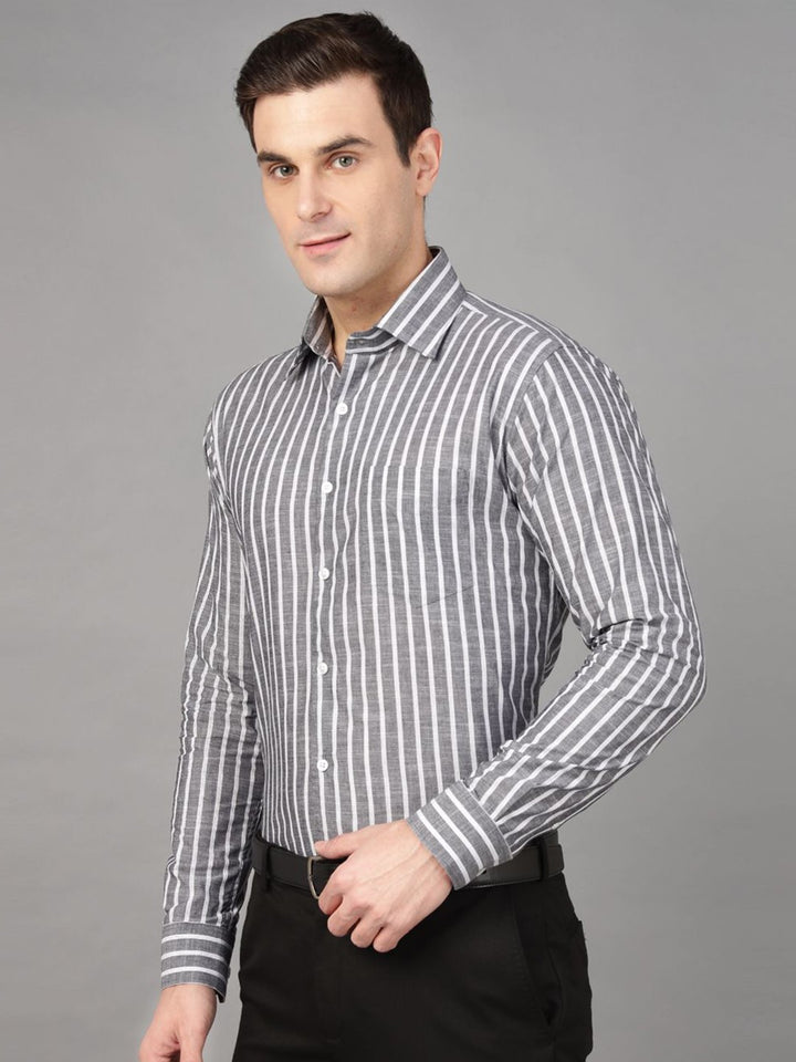Hancock Men Grey & White Stripe Pure Cotton Slim Fit Formal Shirt