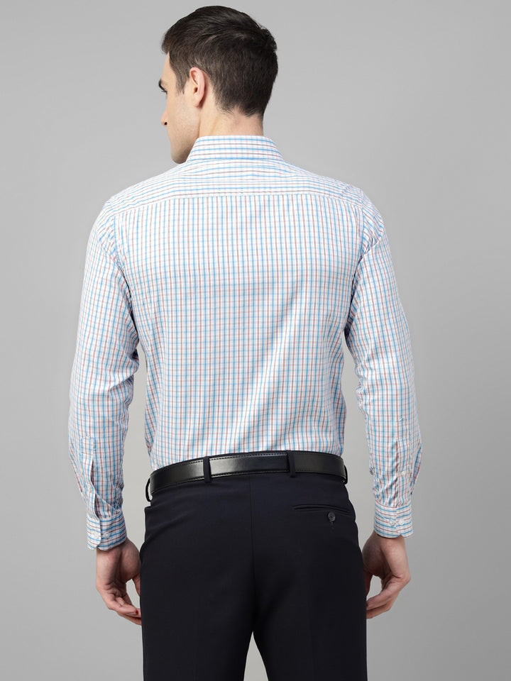 Men White & Blue Check Cotton Slim Fit Formal Shirt