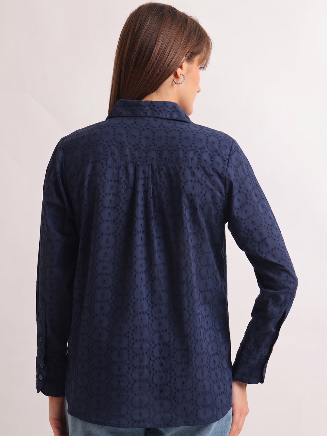 Hancock   Women   Navy Blue   Solid Self Design   Pure Cotton   Relaxed Fit   Casual   Shirt