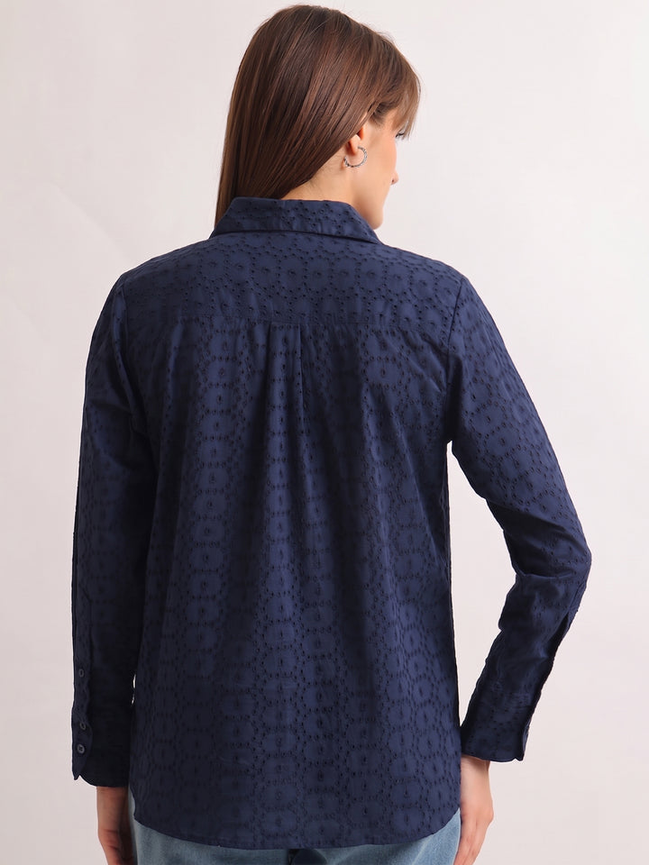 Hancock   Women   Navy Blue   Solid Self Design   Pure Cotton   Relaxed Fit   Casual   Shirt