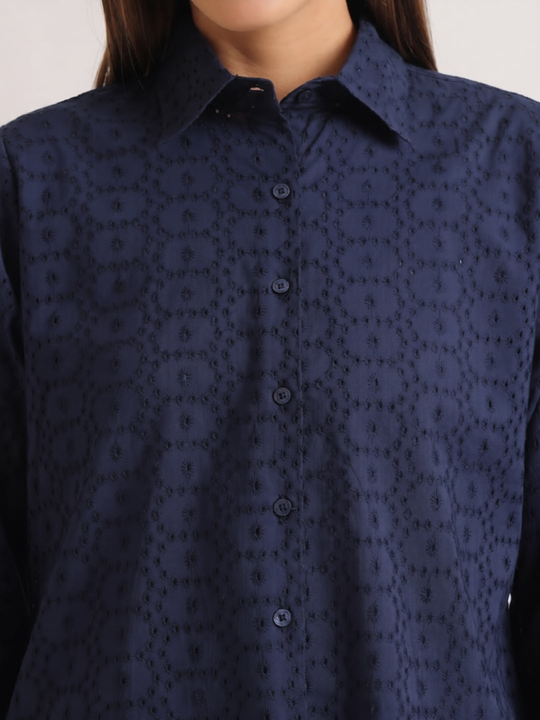 Hancock   Women   Navy Blue   Solid Self Design   Pure Cotton   Relaxed Fit   Casual   Shirt