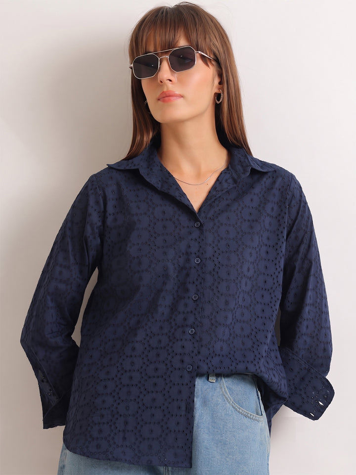 Hancock   Women   Navy Blue   Solid Self Design   Pure Cotton   Relaxed Fit   Casual   Shirt