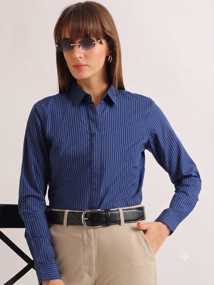 Hancock   Women   Blue & Navy Blue   Stripes   Pure Cotton   Regular Fit   Formal   Shirt