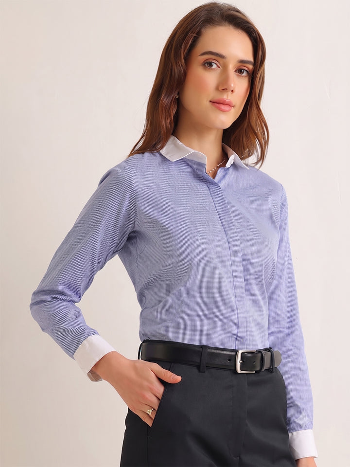 Hancock   Women   White & Blue   Checks   Pure Cotton   Regular Fit   Formal   Shirt