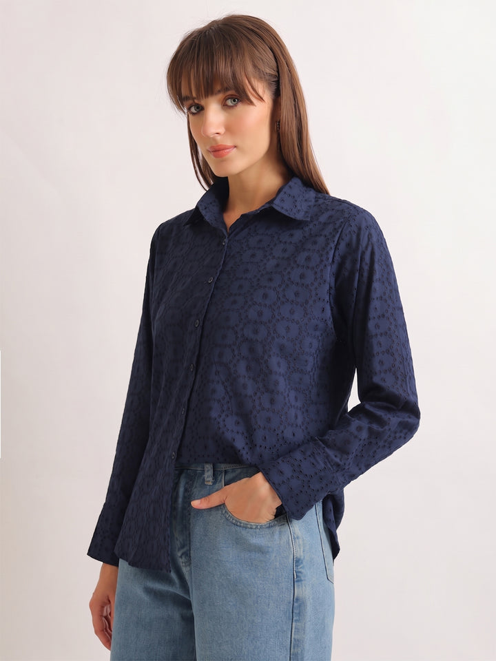 Hancock   Women   Navy Blue   Solid Self Design   Pure Cotton   Relaxed Fit   Casual   Shirt