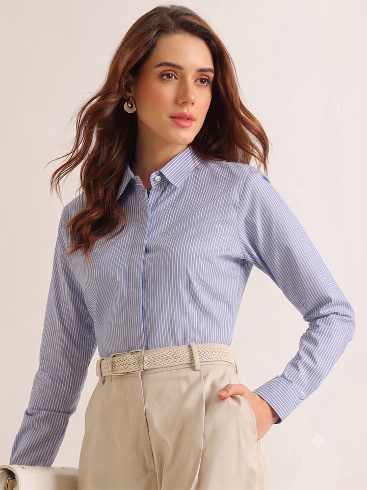 Hancock   Women   Blue & White   Stripes   Pure Cotton   Regular Fit   Formal   Shirt