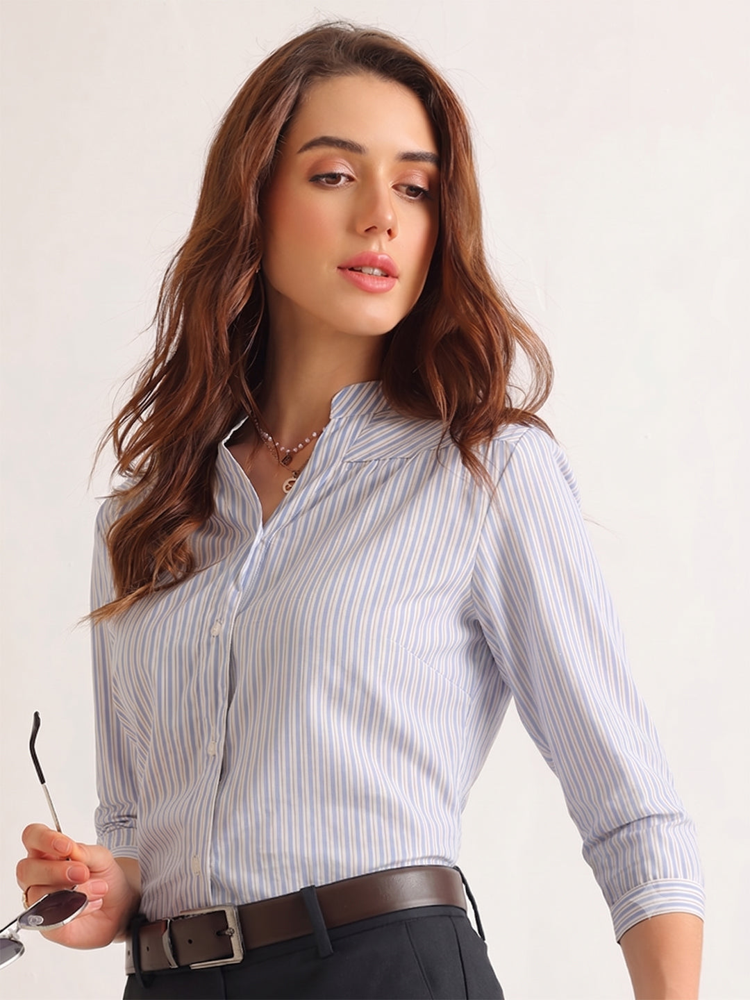 Hancock   Women   White & Blue   Stripes   Pure Cotton   Regular Fit   Formal   Shirt