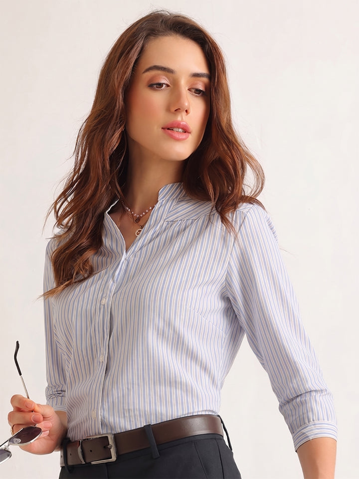 Hancock   Women   White & Blue   Stripes   Pure Cotton   Regular Fit   Formal   Shirt