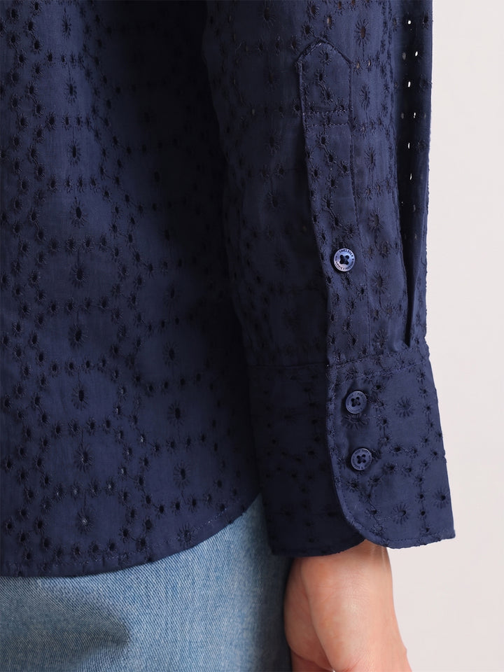 Hancock   Women   Navy Blue   Solid Self Design   Pure Cotton   Relaxed Fit   Casual   Shirt