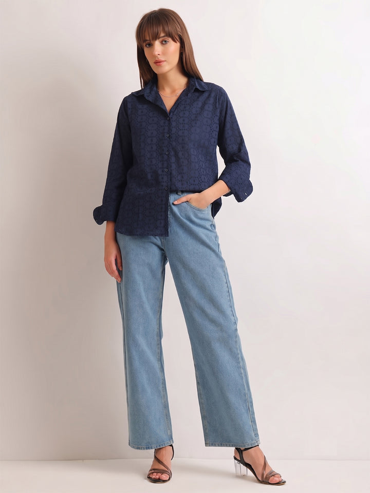 Hancock   Women   Navy Blue   Solid Self Design   Pure Cotton   Relaxed Fit   Casual   Shirt