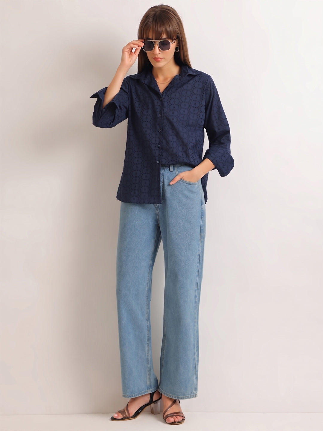 Hancock   Women   Navy Blue   Solid Self Design   Pure Cotton   Relaxed Fit   Casual   Shirt