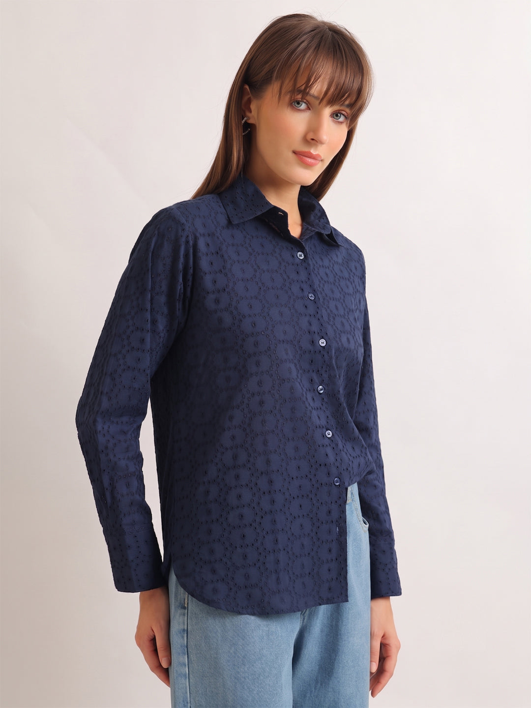 Hancock   Women   Navy Blue   Solid Self Design   Pure Cotton   Relaxed Fit   Casual   Shirt