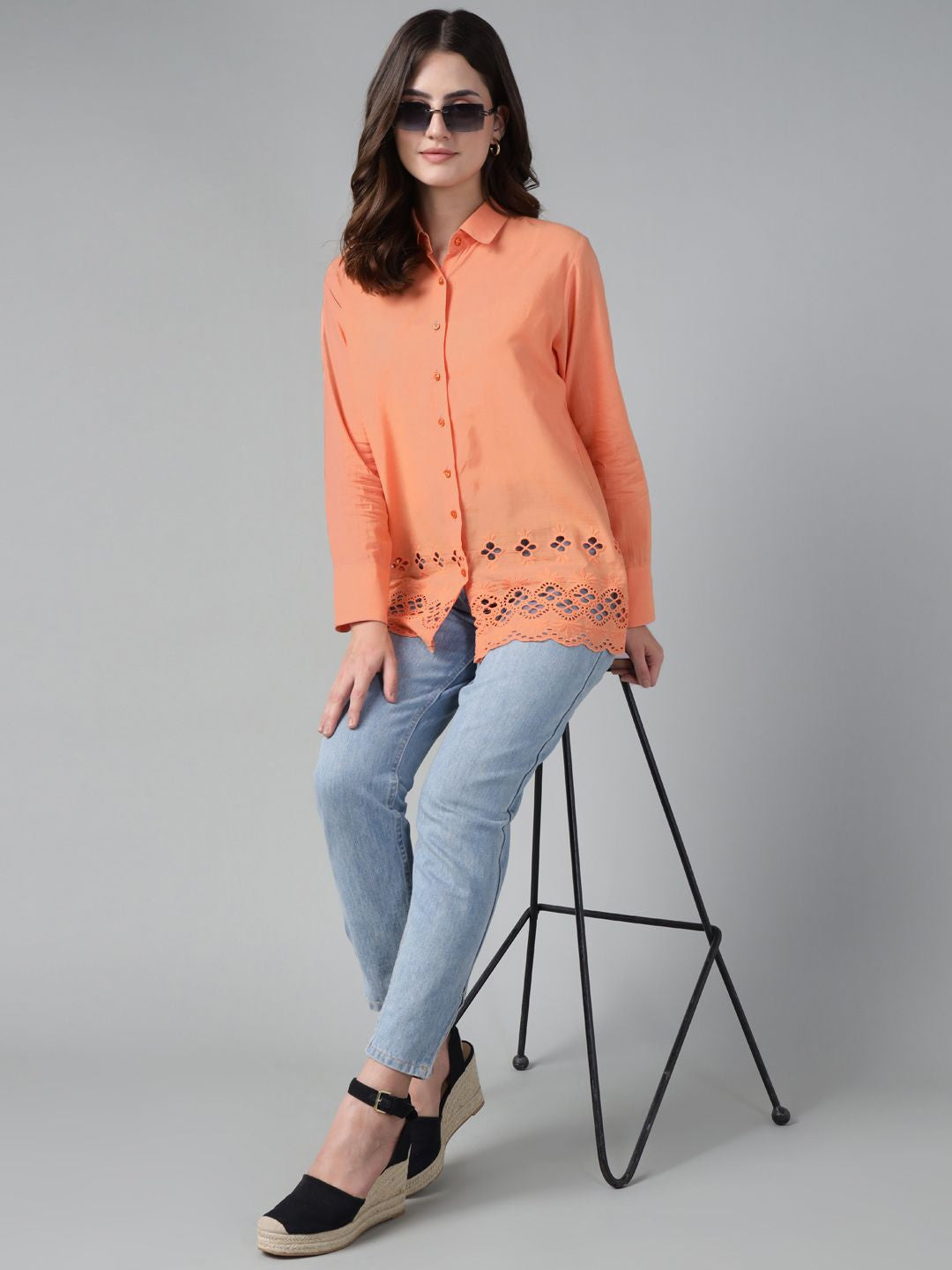Hancock Women Orange Solid Schiffli Pure Cotton Relaxed Fit Casual Shirt