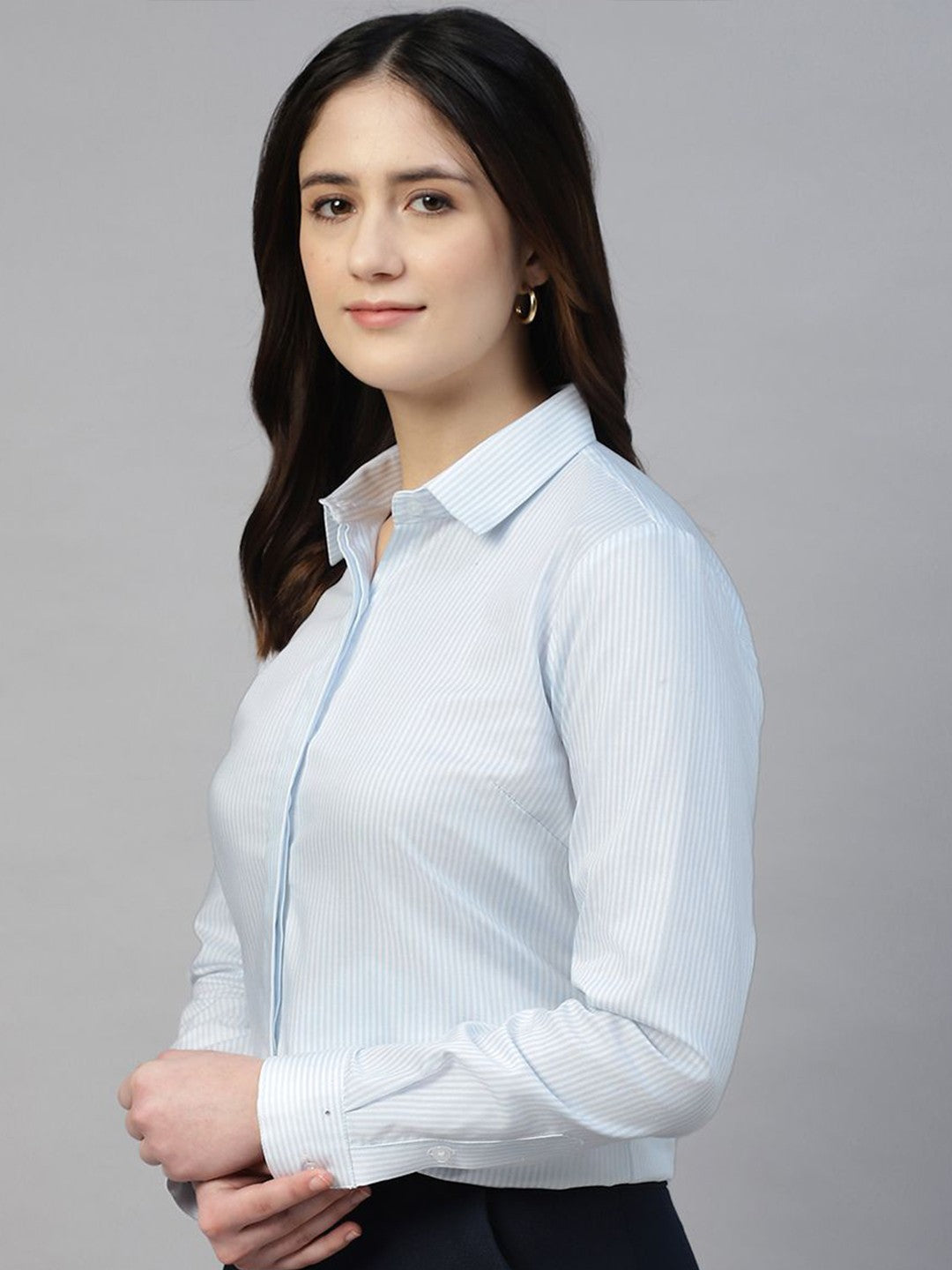 Hancock Women White & Blue Stripe Pure Cotton Regular Fit Formal Shirt