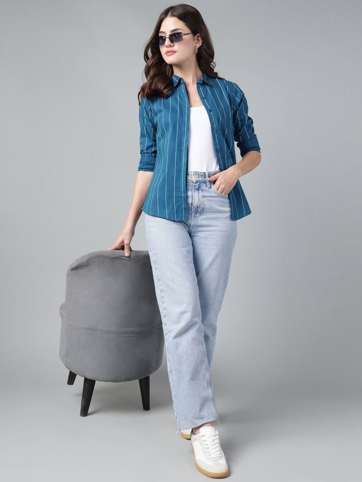 Hancock Women Turquoise Blue Stripe Pure Cotton Slim Fit Casual Shirt