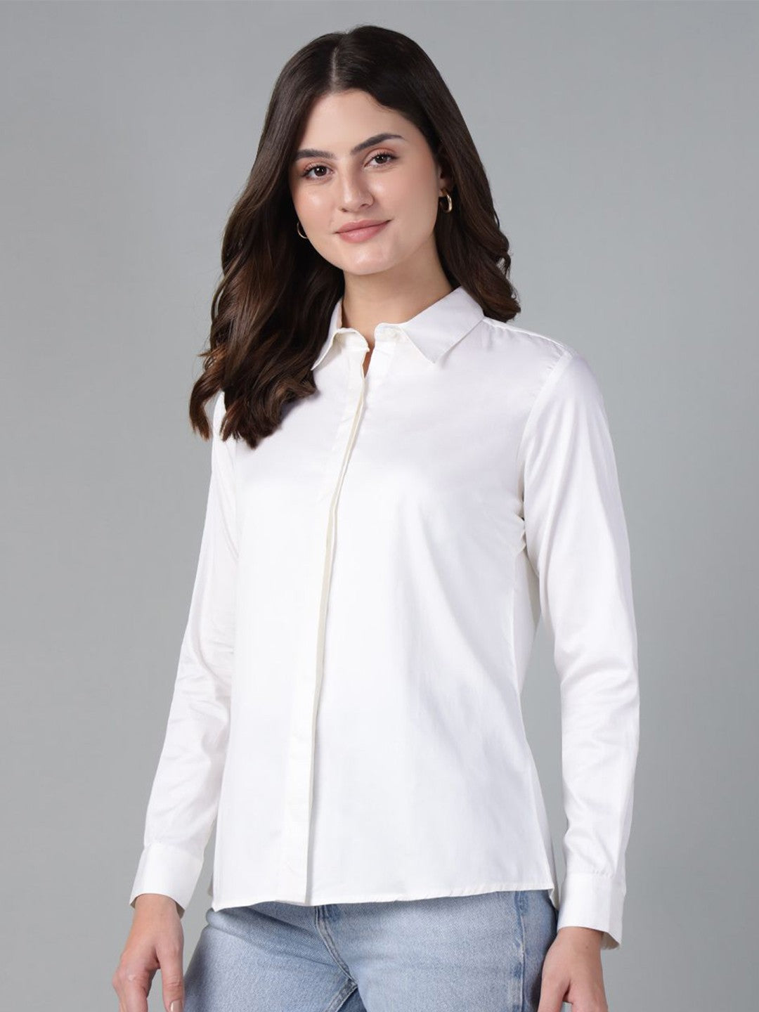 Hancock Women White Solid Pure Cotton Regular Fit Casual Shirt