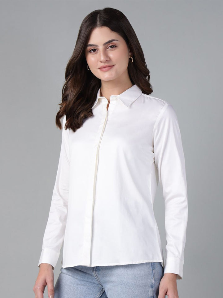 Hancock Women White Solid Pure Cotton Regular Fit Casual Shirt