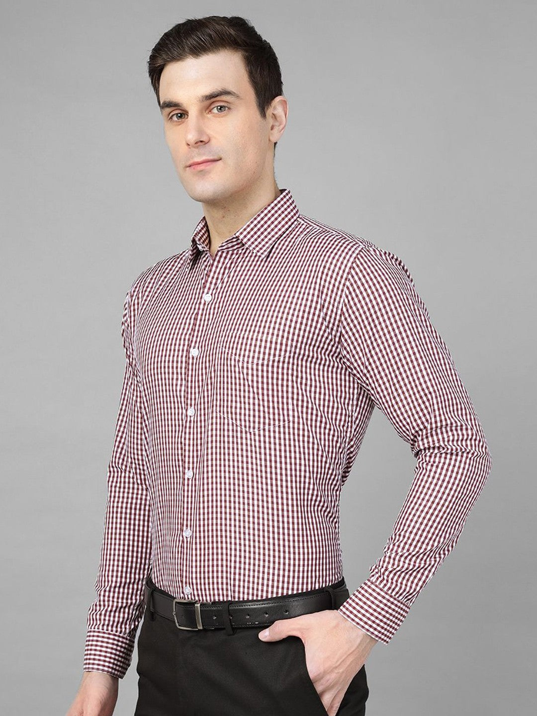 Hancock Men Maroon Check Pure Cotton Slim Fit Formal Shirt