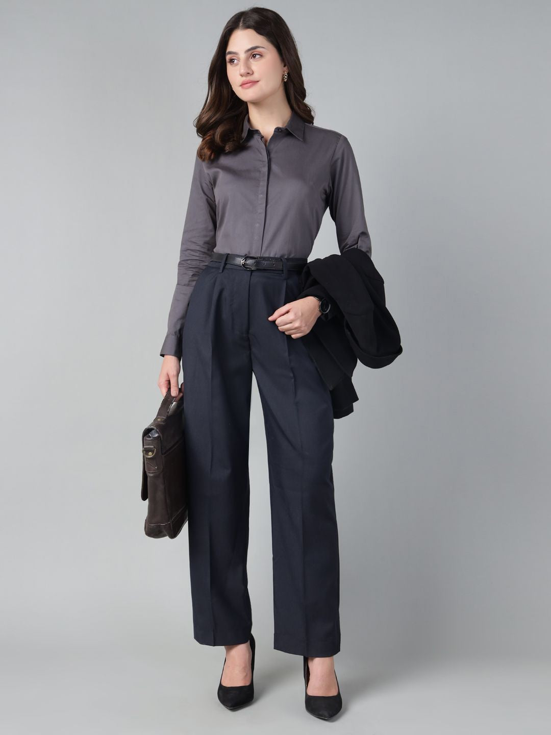 Hancock Women Dark Grey Solid Pure Cotton Regular Fit Formal Shirt