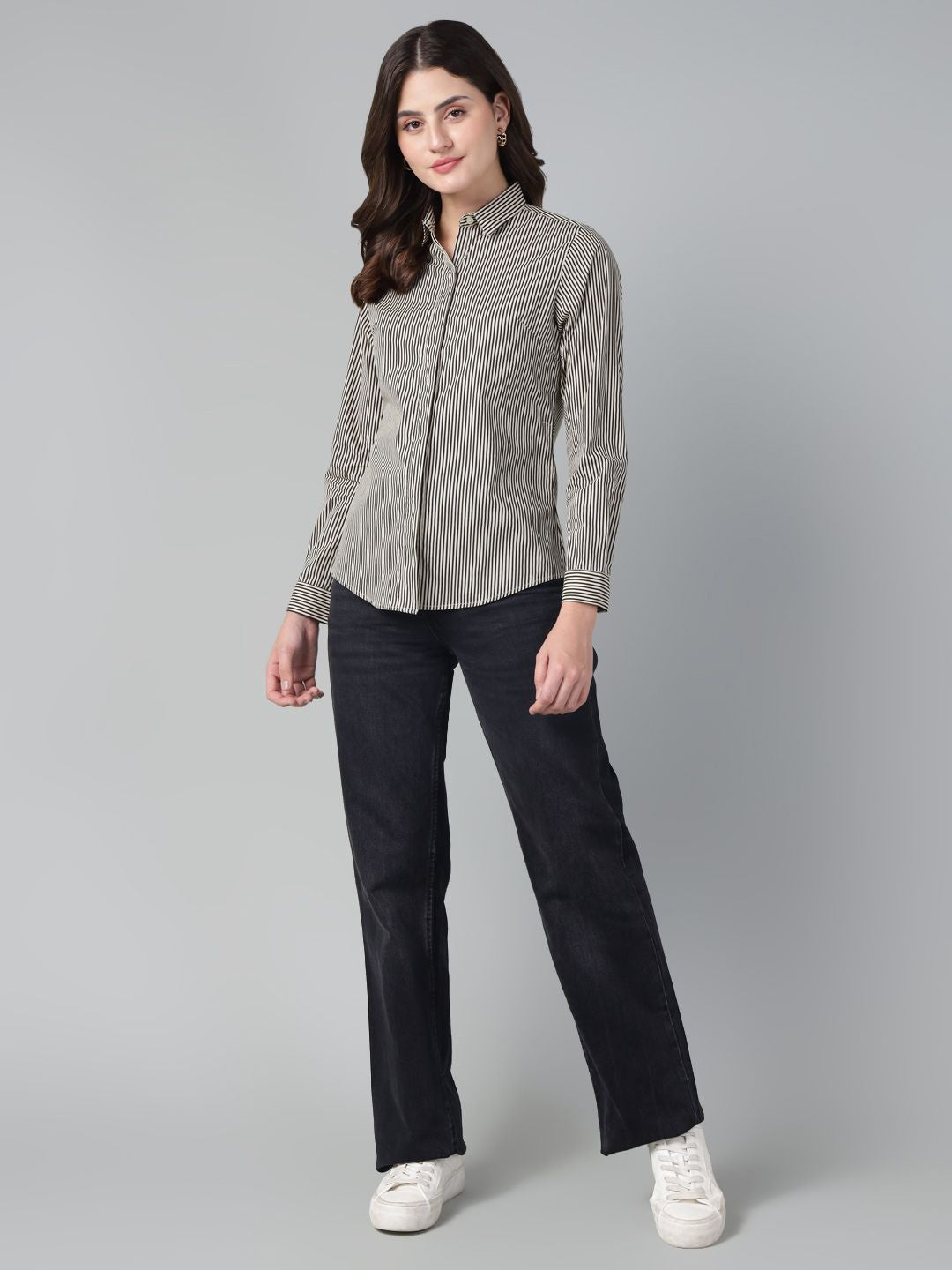 Hancock Women Black & Brown Stripe Pure Cotton Slim Fit Casual Shirt
