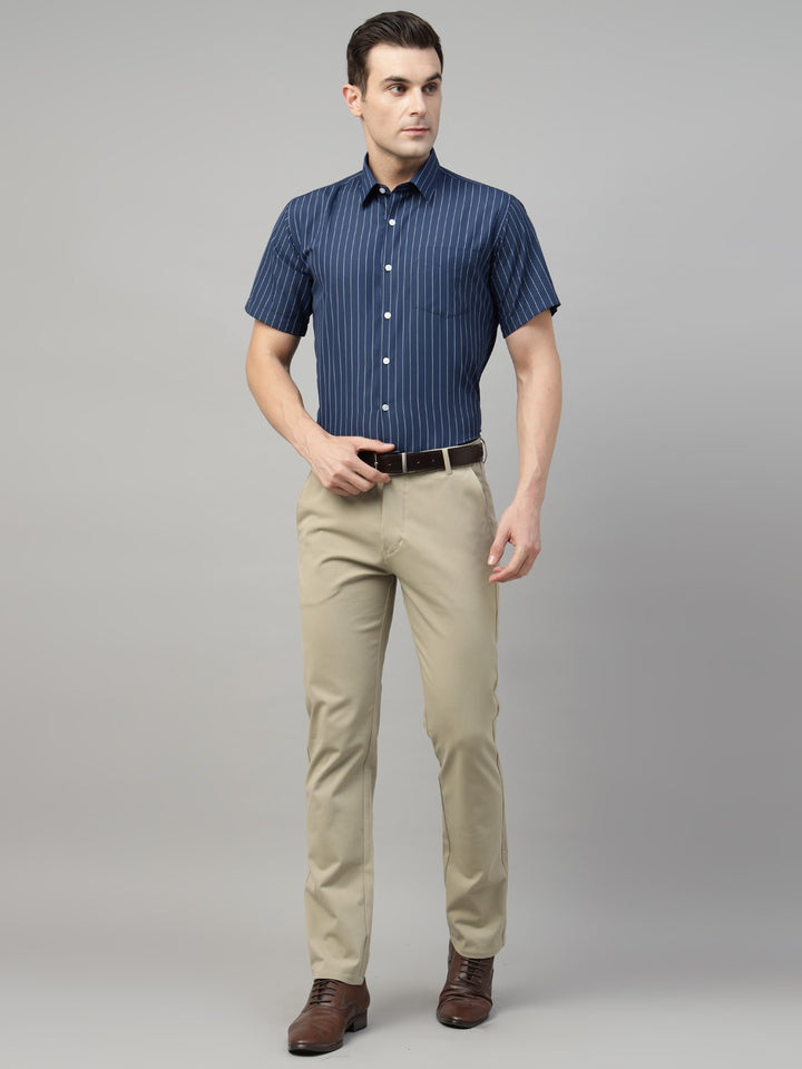 Men Navy Blue Stripe Cotton Slim Fit Formal Shirt